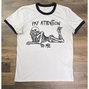 Vtg Y2K Short Sleeve Ringer Skeleton Graphic T-Shirt Pay Attention To Me Small .